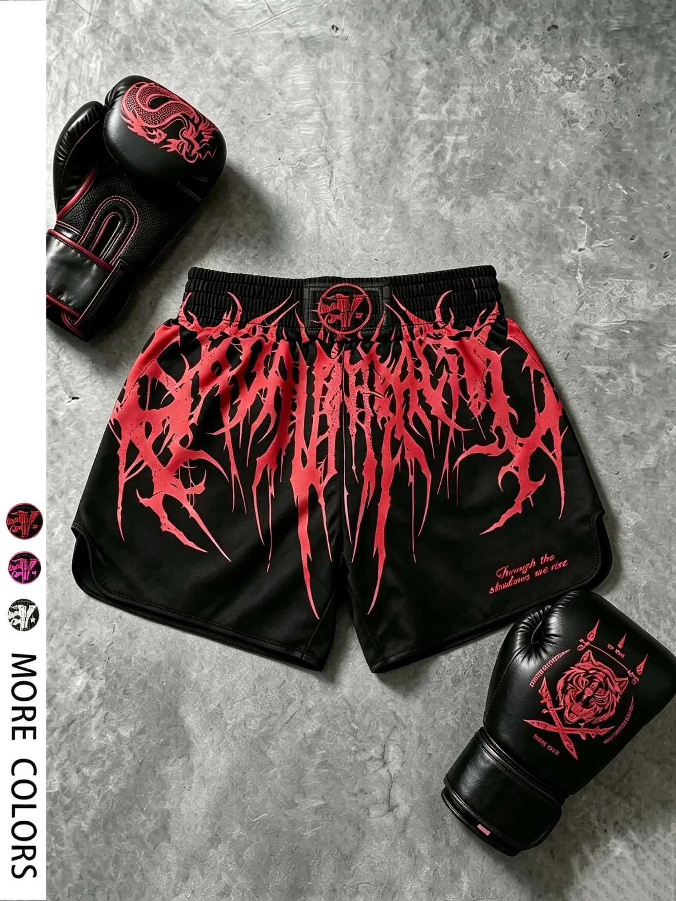 Men's Muay Thai Fight Shorts, Athletic Wear Shorts, Black Base Bright Red Jagged Metal Font Full Print, Elastic Waistband With Circular Logo Woven Label, Curved Split Side Hem, Slogan Text Print At Lower Hem, Combat Training Sports Bottoms