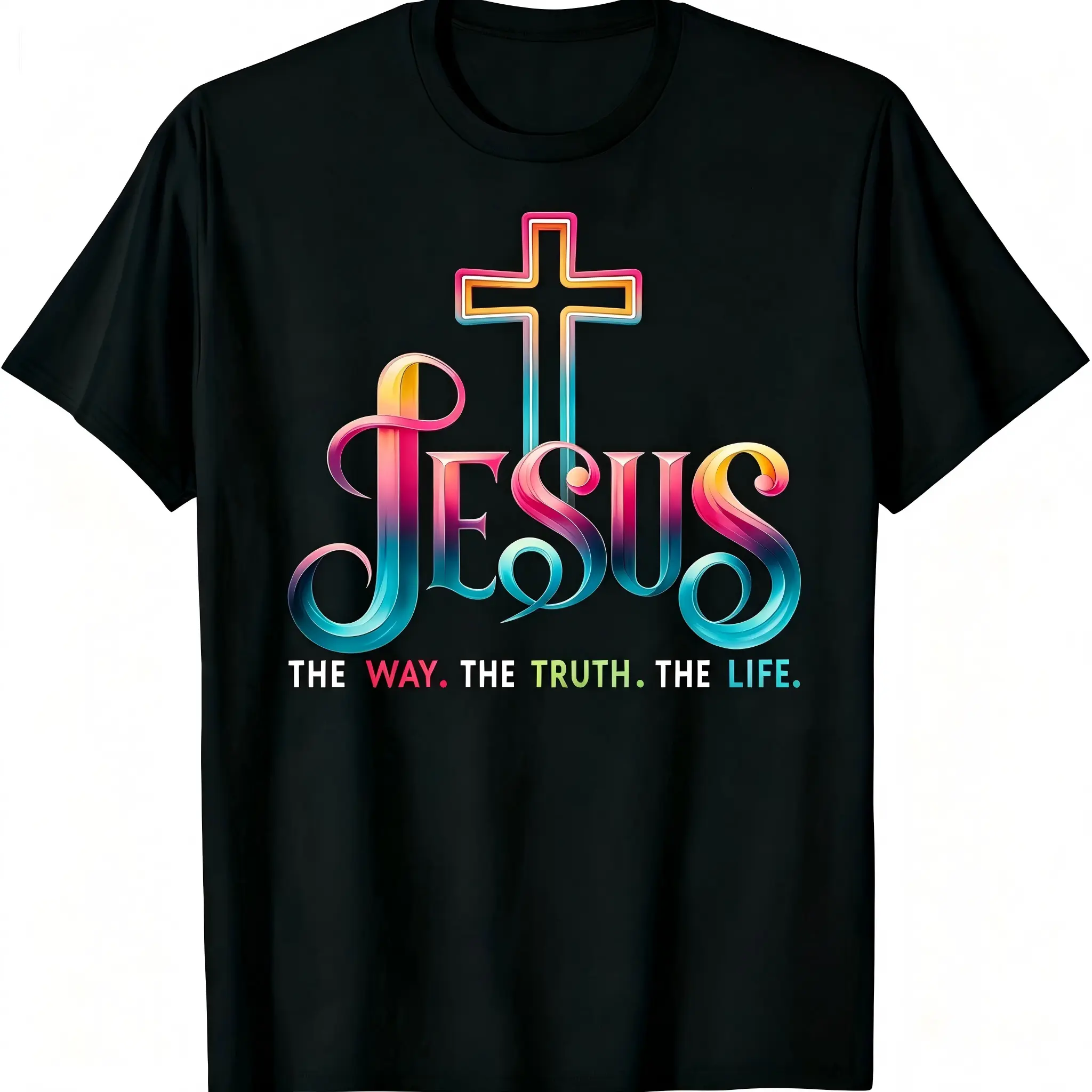 "Jesus The Way The Truth The Life" Christian Graphic T-Shirt for Men Women – Soft Stretch Cotton Crew Neck Short Sleeve, Cross Swirl Cursive Tee, Regular Fit Contemporary Streetwear, All Season Wear, John 14:6 Gift, Machine Washable