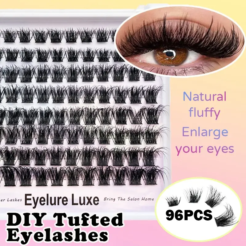 96pcs False Eyelash Clusters, Wet Lashes, Natural, Fluffy & Soft, DIY Individual Eyelash Extension Clusters, D-Curl, Cat Eye Lashes