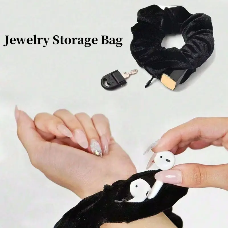 8-color zippered pocket velvet hair tie - an invisible storage hair accessory for coins, cards, and keys, with trendy color options, perfect for millennial and bohemian soft hair styles.