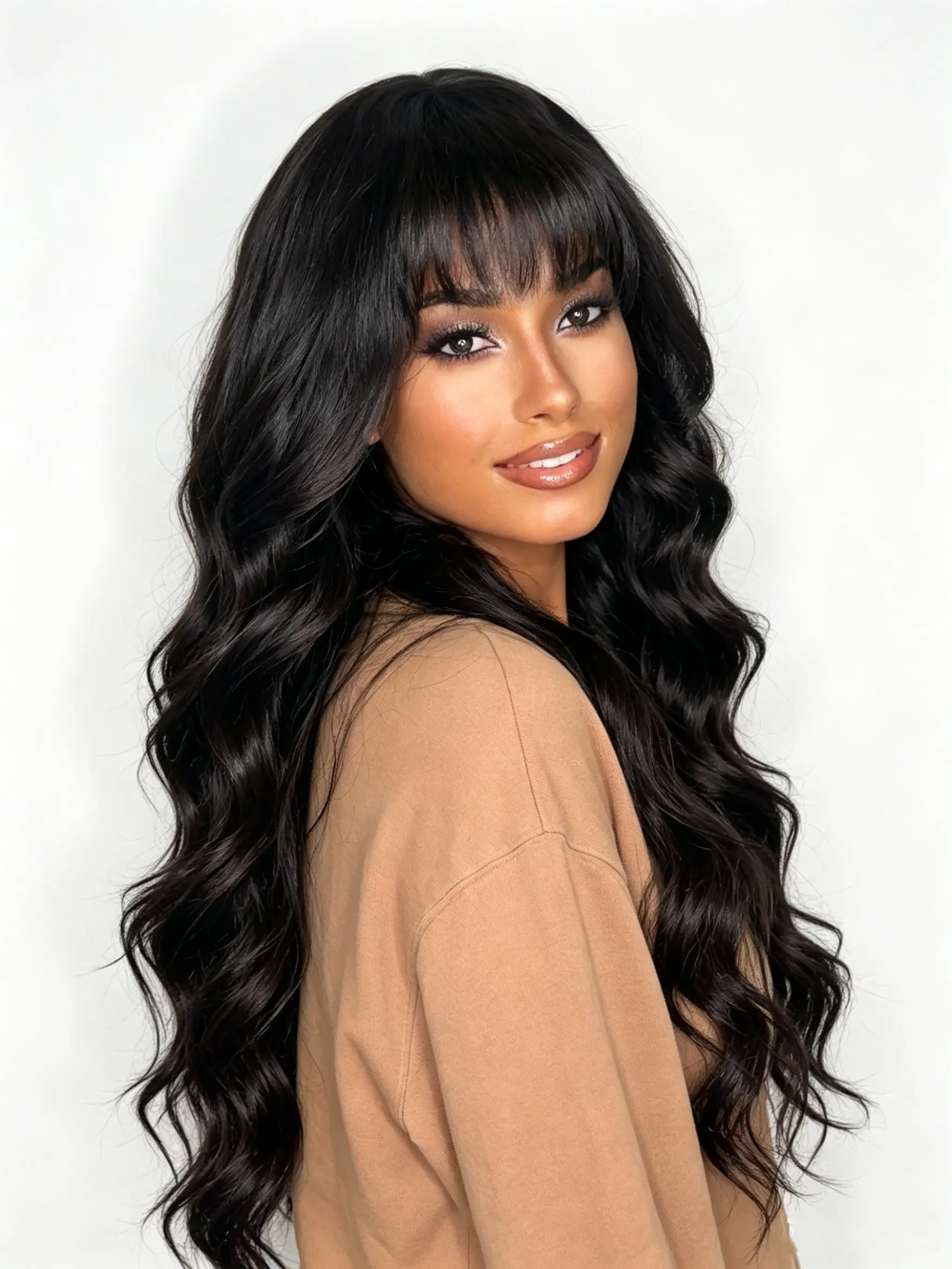 Premium Brazilian Human Hair Body Wave Wig With Bangs, 180% Density True Length #1B Natural Shade, Glueless Machine Made Scalp Top No Lace Front Undetectable Look