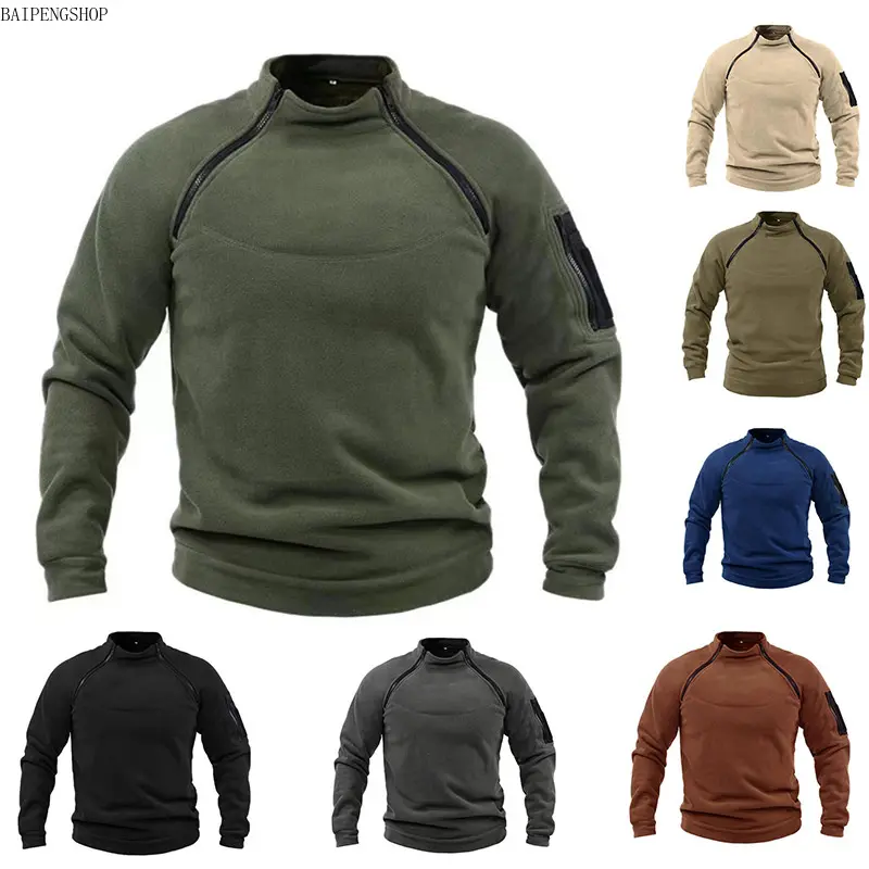 Male Polyester Loose Fit Solid Thick Lined Stand Collar Sweatshirt - Warm Soft Pullover with Double Stitch, Zipper Cuff Pockets, Stylish Casual Wear Thermal Long Sleeve Top for Autumn Winter Daily Outfits