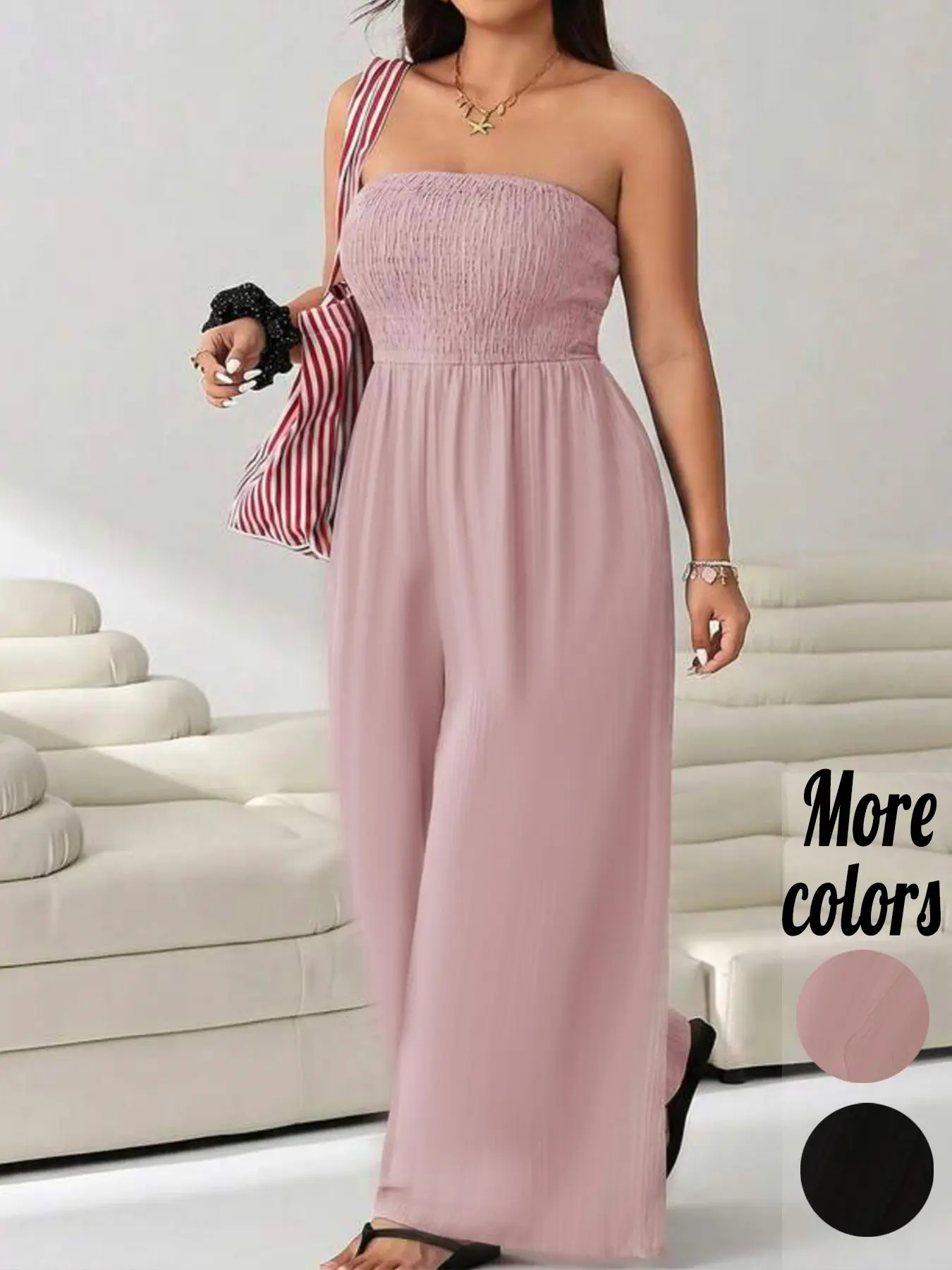 【Plus-Siz】1 Piece Black Smocked Strapless Tube Top Wide Leg Long Jumpsuit, Minimal Coquette Vacation Streetwear Aesthetic, Crinkle Textured Lightweight Fabric, Shirred Bust & Side Slit Pant Leg Detail, For Curvy Women (1X-4X), Perfect for Beach Trips