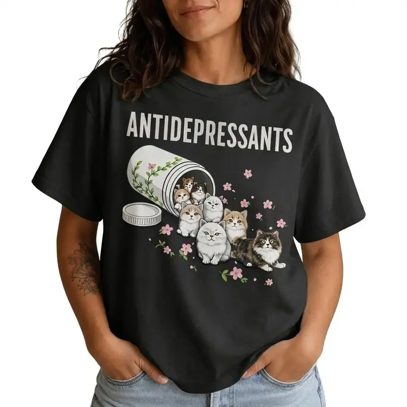 Funny Cat Antidepressants Graphic Tee Women Plus Size Cute Cat Mom Shirt