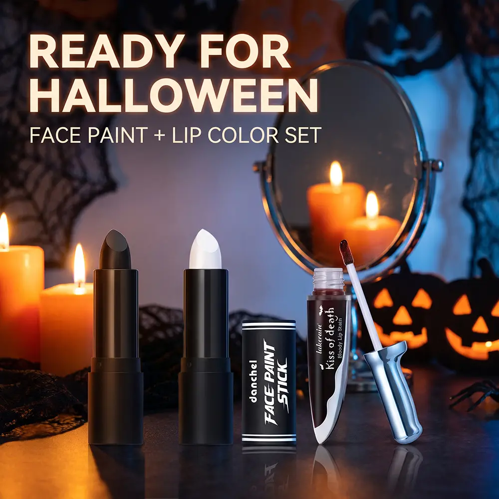 Get Spooky Halloween Makeup Look! Black White Face Paint Stick + Vampire Blood Lip Stain Set, Creepy Cosplay Party Makeup Kit for Halloween Costume