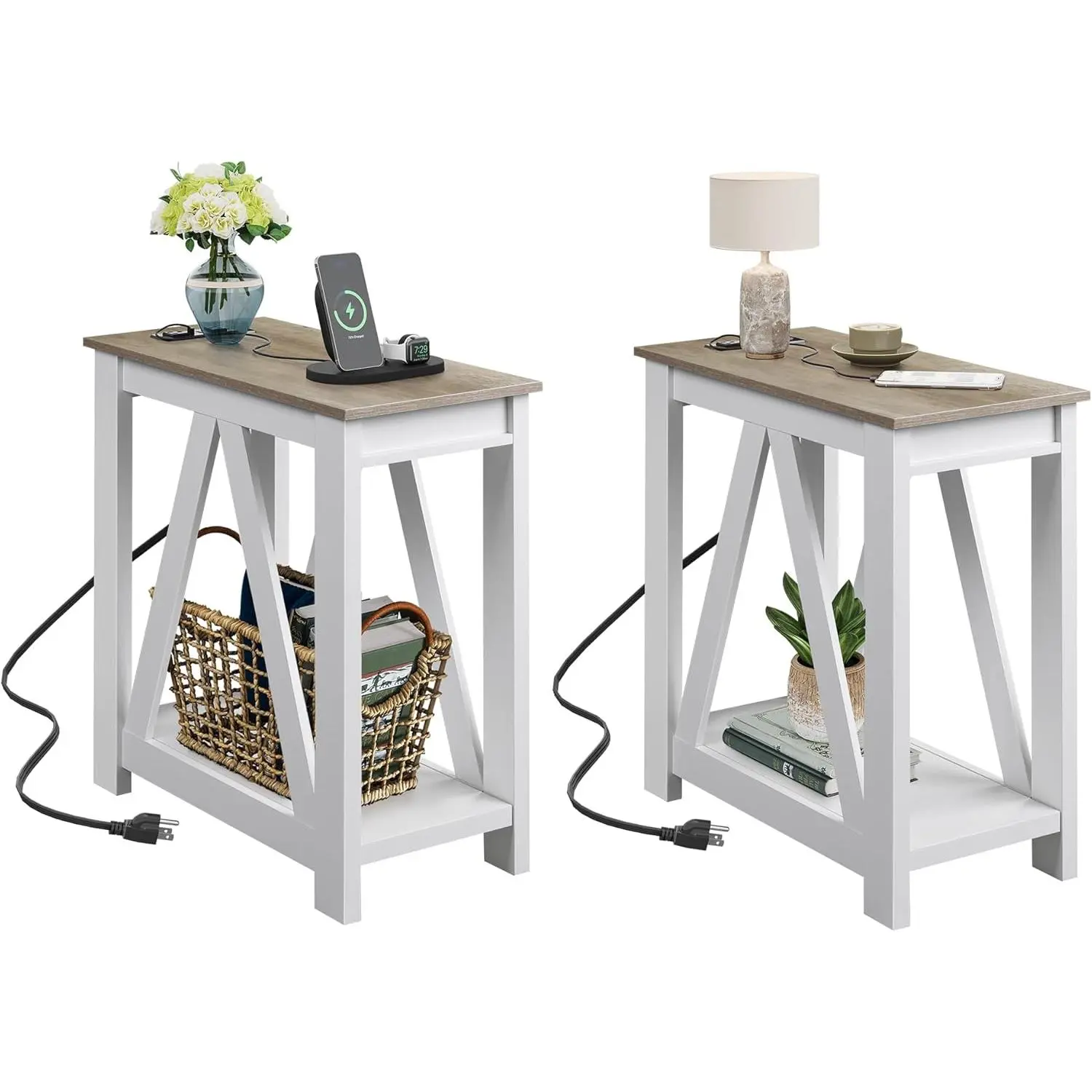 WLIVE Farmhouse Duo End Tables (Set of 2) – Slim Metal Frame Bed Side Tables with Charging Station, Open Shelf, Space-Saving Farmhouse Look for Living Room, Bedroom Furniture & Room Decor