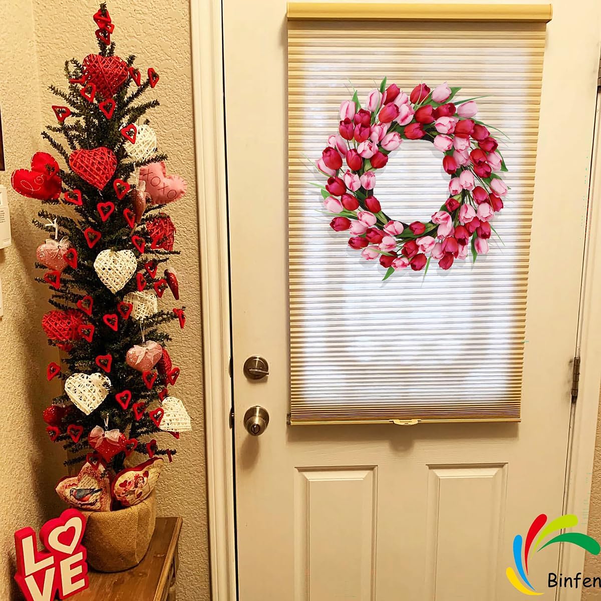 18-20 Inch Valentines Day Wreath – Pink & Red 72pcs Silk Tulip Valentines Door Decor, Outdoor Valentine Wreaths for Front Door Decorations, Romantic Spring