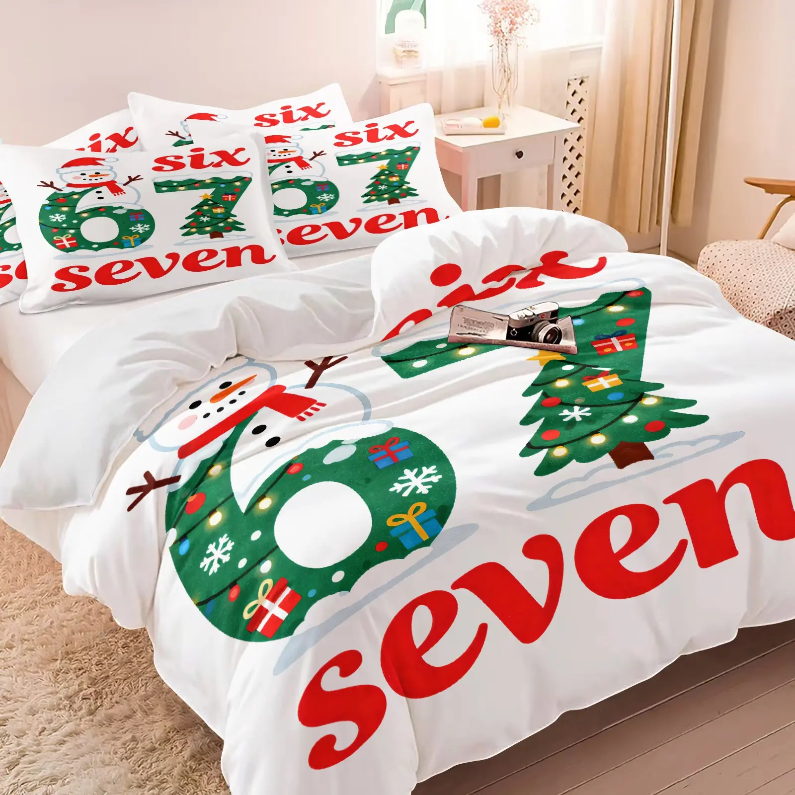 2/3Pcs Christmas Snowman Number Bedding Set, Xmas Tree Digit Lights Print Duvet Cover Set, Festive Winter Holiday Aesthetic Bedroom Decor, Soft Microfiber Bedding with Matching Pillowcase, Twin/Full/Queen/King No Fillers