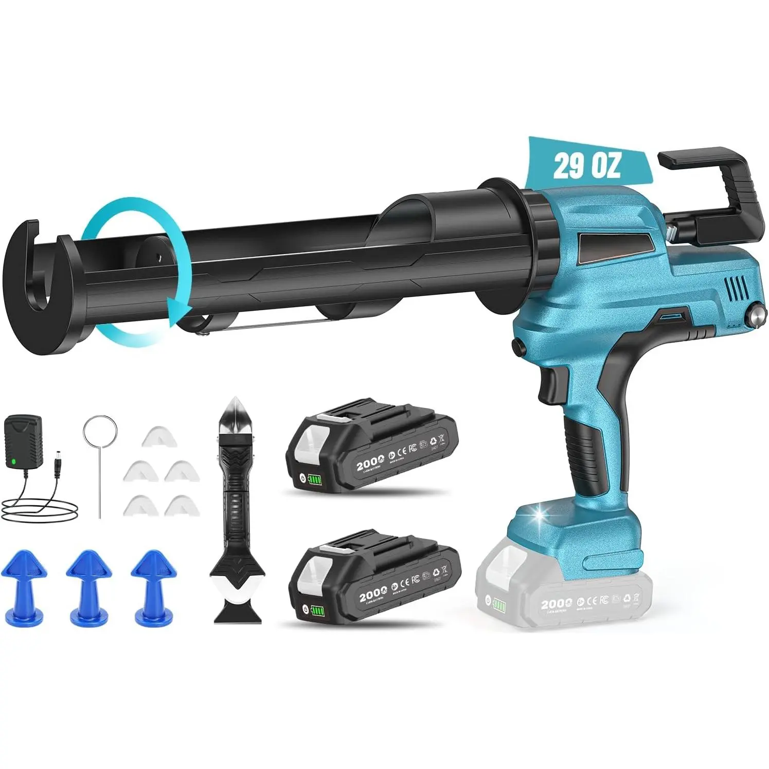 29oz Electric Caulking Gun, Cordless Caulk Gun, Variable Speed| 2x 2000mAh Batteries, Anti-Drip, Led Light, Auto Retract Silicone Sealant Gun for Tile Grout, Window & Kitchen Caulking Work