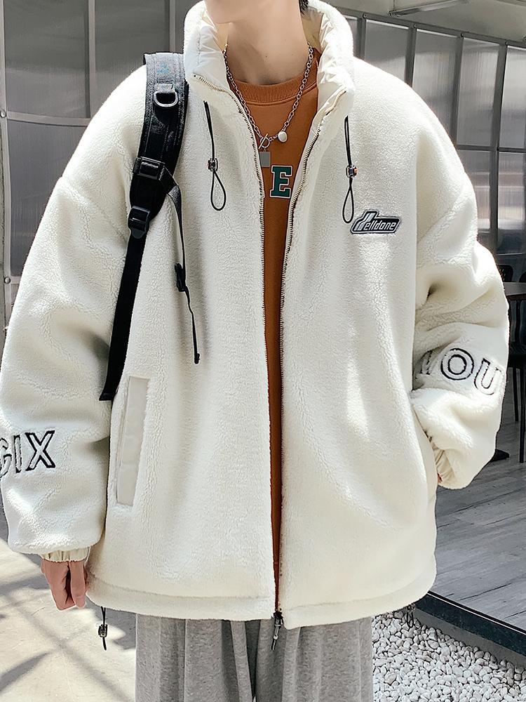 Men's lambskin stand collar embroidered warm jacket Large size loose casual fleece cotton jacket American street style letter embroidery fleece jacket Men's lambskin stand collar embroidered warm jacket Large size loose casual fleece cotton jacket American street style letter embroidery fleece jacket