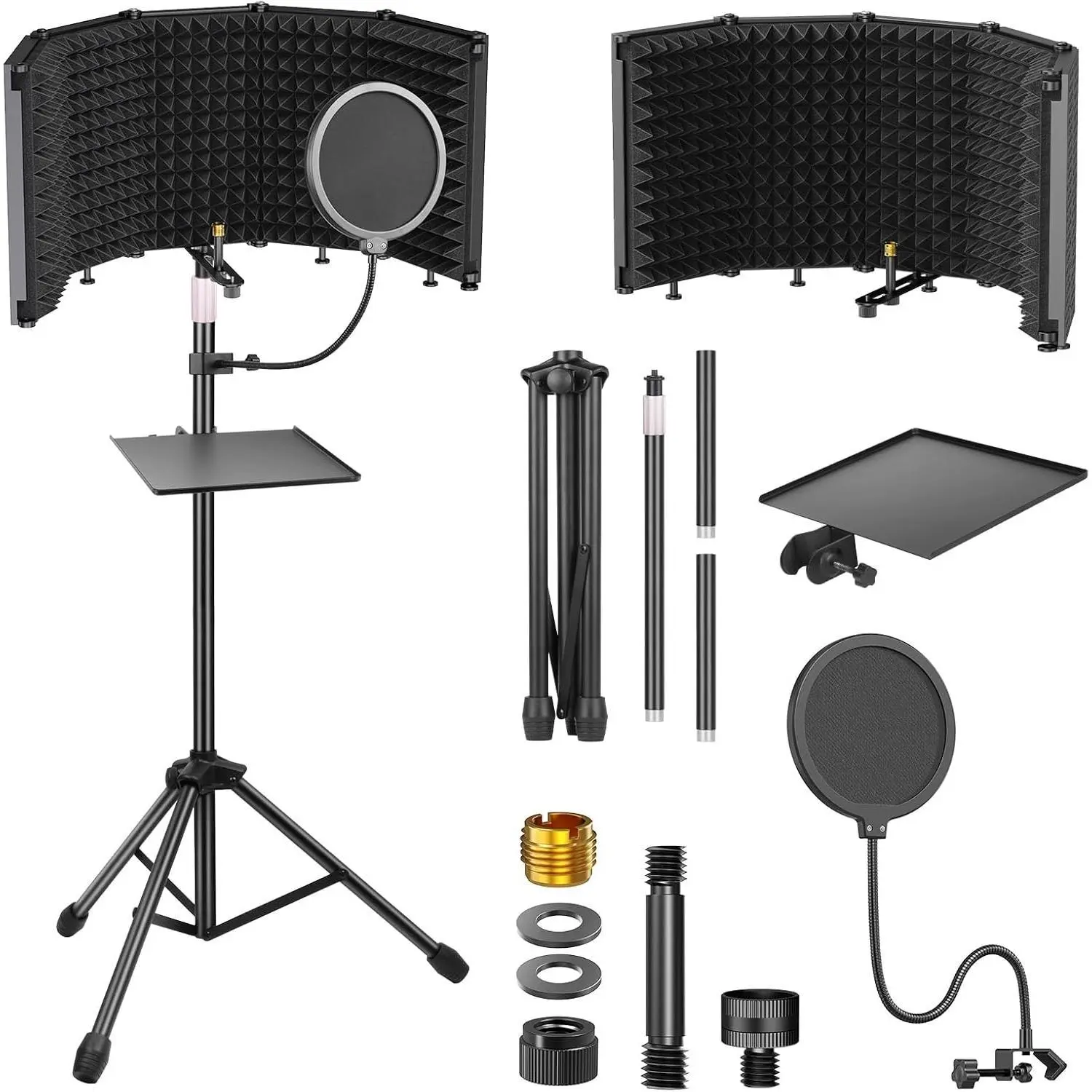 Studio Recording Microphone Isolation Shield with Pop Filter &Tri-Stand Kit and Phone Clip Foldable Triple Layer Proofing,5-Sided Studio Mic Cover for Recording,Podcasting,Streaming,Singing