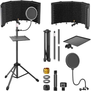 Studio Recording Microphone Isolation Shield with Pop Filter &Tri-Stand Kit and Phone Clip Foldable Triple Layer Proofing,5-Sided Studio Mic Cover for Recording,Podcasting,Streaming,Singing