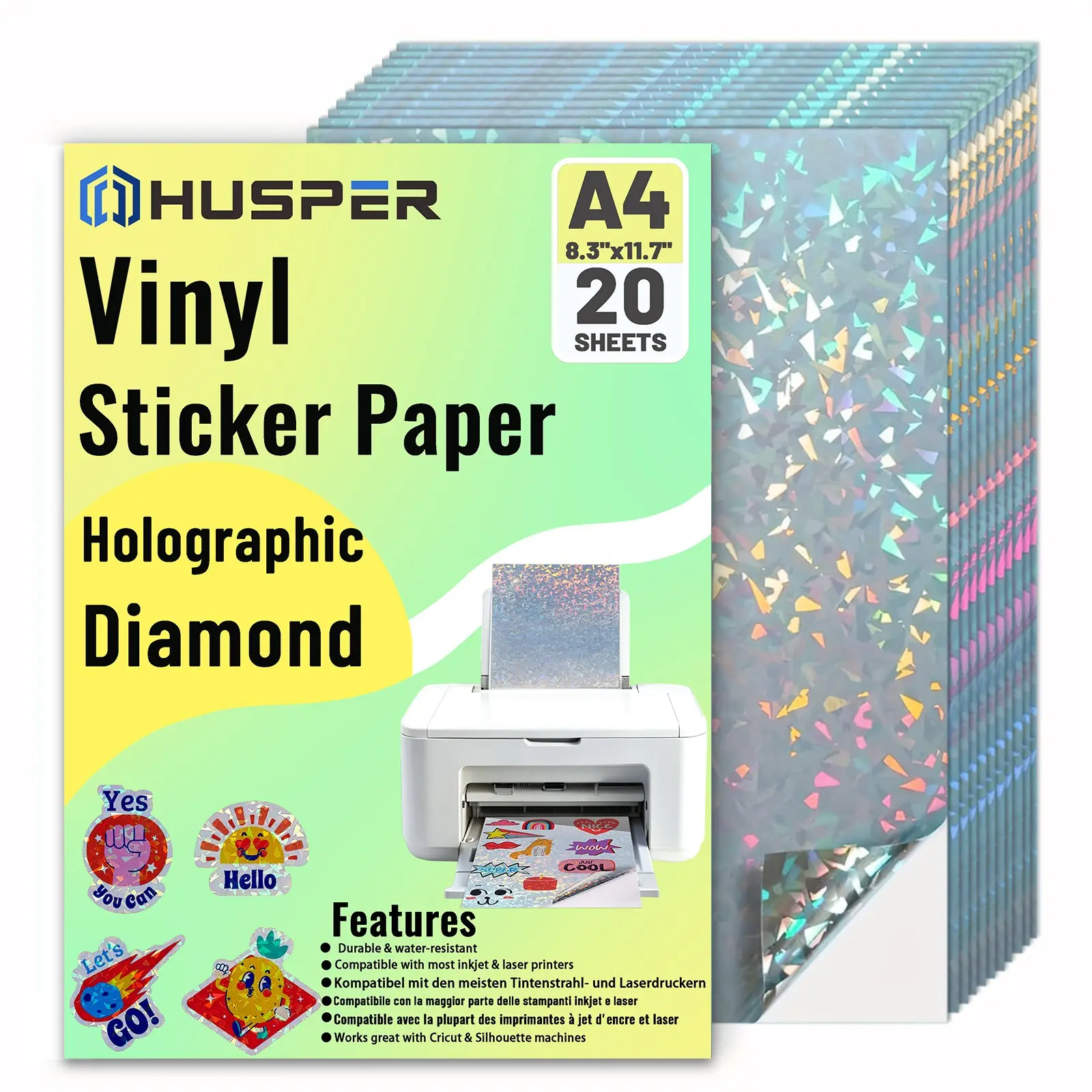 20 Sheets A4 Size Printable Diamond Holographic Sticker Paper, Self-Adhesive Waterproof Vinyl, Quick Dry for Inkjet/laser Printer