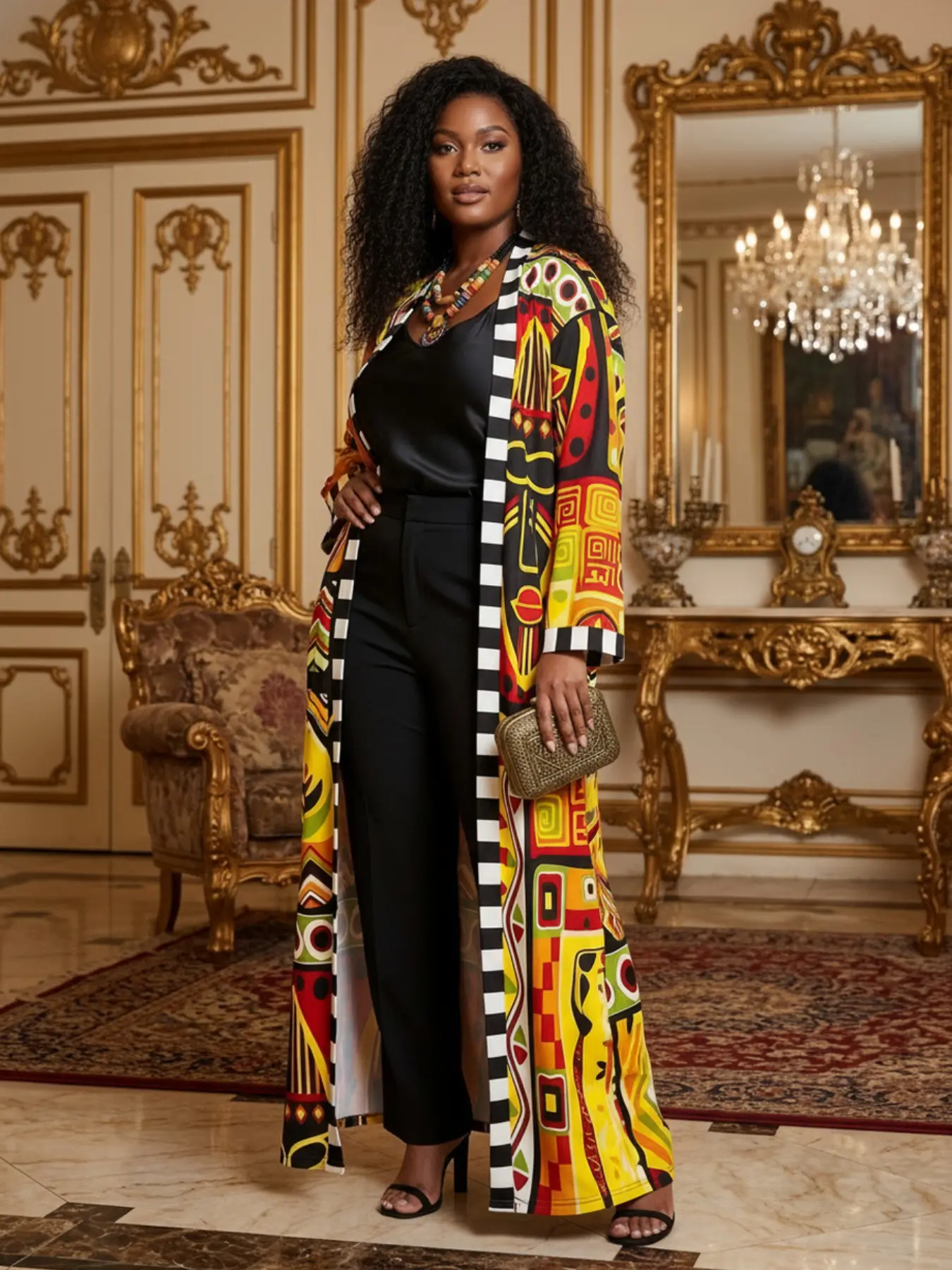 Plus Size Women's Geometric Print Long Cardigan, Casual Street Style, Ethnic Wind, Artistic Multicolor Design, Trendy and Stylish