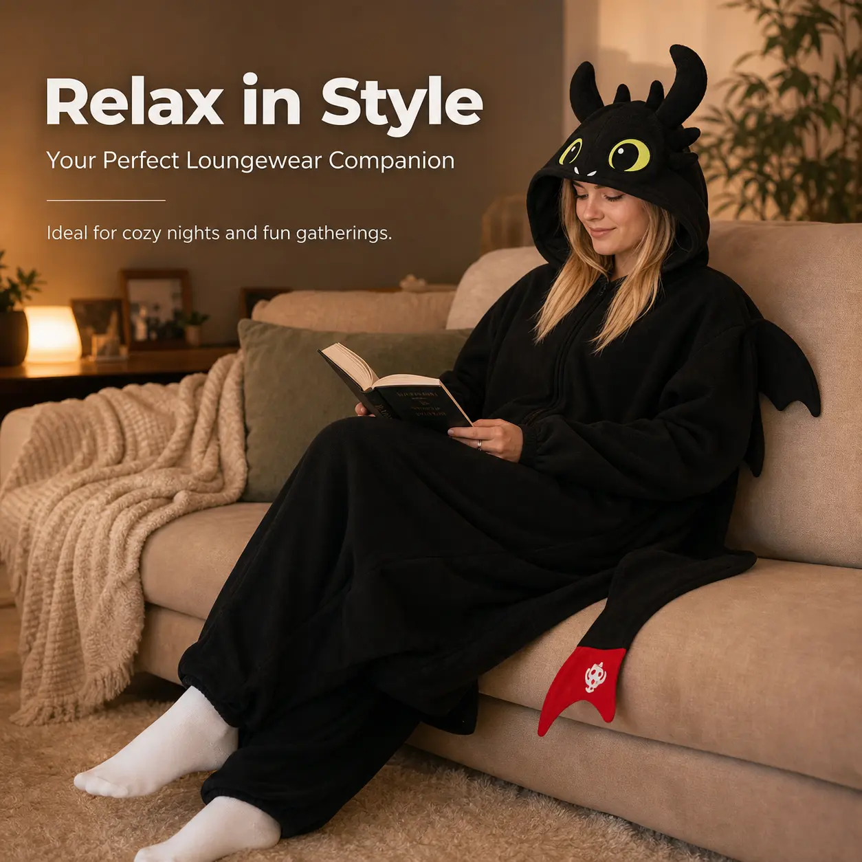 Adult Cute White & Black Dragon Onesie Pajamas Soft Fleece Cartoon Creature Cosplay Loungewear for Halloween Sleepover Party