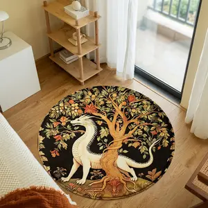 Round Dragon Area Rug Tree of Life Circular Floor Mat Medieval Vintage Welcome Carpet Non Slip Bedroom Rug Mystic Botanical Home Decor Foot Pad Washable Living Room Rug for Indoor Outdoor Hallway Front Door Porch Entryway Office Carpet