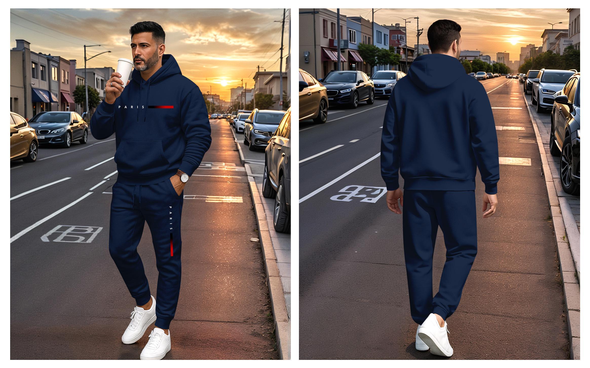 Men's Paris Letter Printed Hoodie & Drawstring Sweatpants Set - 100% Polyester, Loose Fit, Casual Athletic Style, Machine Washable, Ideal for Autumn Spring Winter