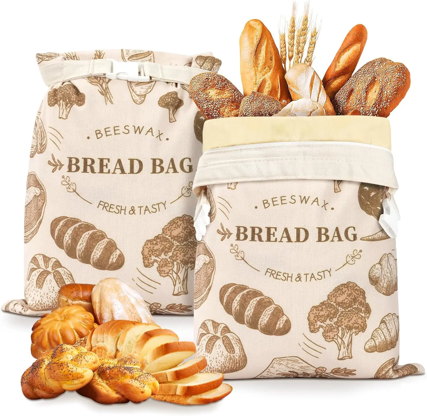 2PCS Beeswax Bread Bags for Homemade Breads,17”X13”Natural Lined Cotton Reusable Bread Storage Bags with Sealing Zip to Airtight Freshness, Large Food Storage Container for Sourdough