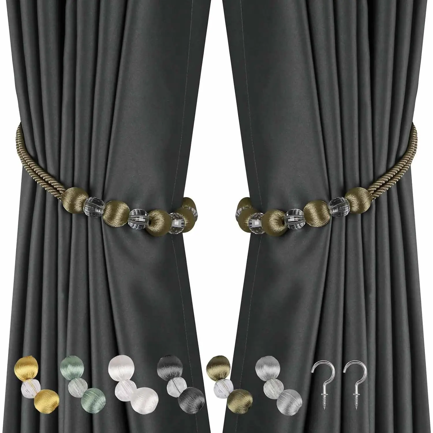 Curtain Tiebacks, Beaded  Curtain with 2 Metal Screw Hooks Decorative Holdbacks Rope(Flaxen, 2pack)