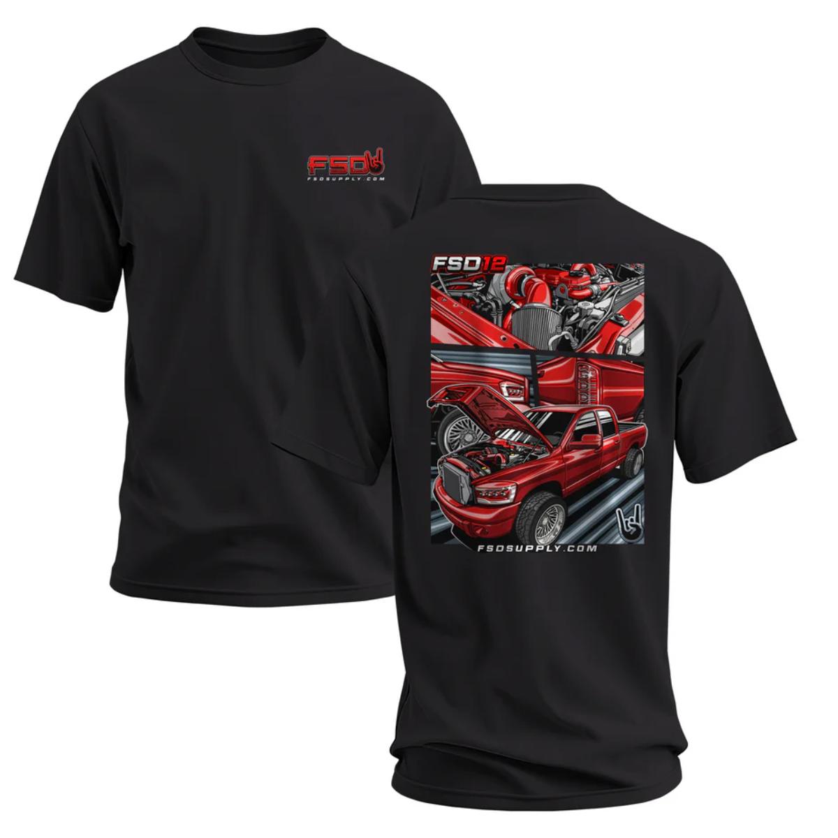 Red Truck Build Graphic Cotton Blend T-Shirt Men Women For Diesel Truck Builders Gearheads Full Engine Bay Custom Design Full Back Print