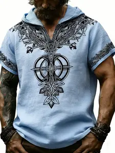 Men's Viking Life Tree Hooded Linen Short Sleeve Shirt, Vintage Celtic Knot Print, Summer Breathable Casual Vacation Top