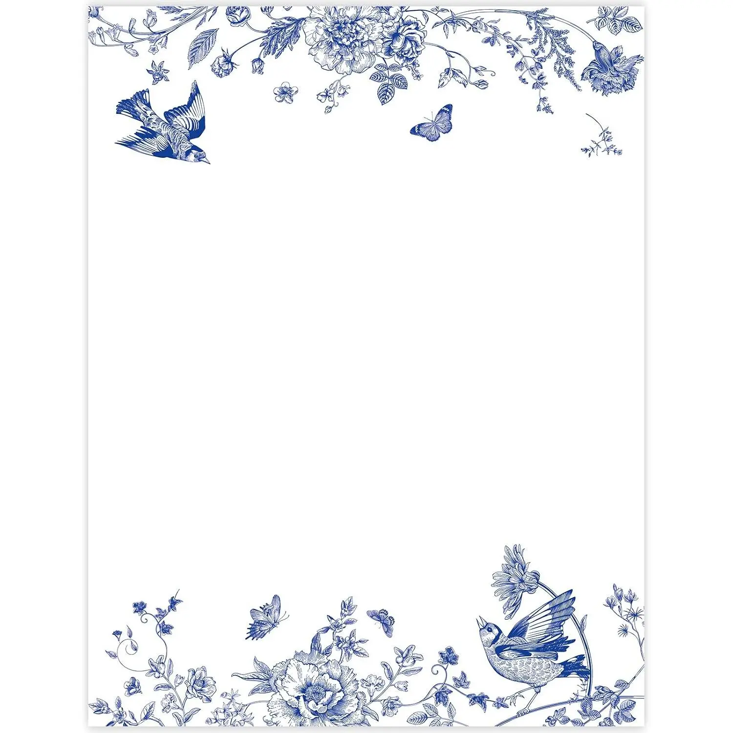 60 Sheets Blue Floral Stationery Letterhead Paper Chinoiserie Flower Bird Butterfly Writing Paper Single-Sided Greeting Papers for Invitations Office Printing, 8.5 x 11 Inch