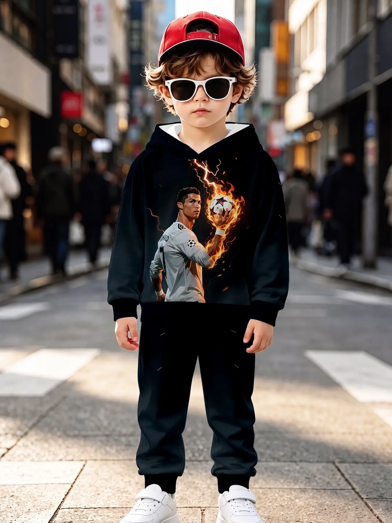 Base Flame Lightning Kids Hoodie Set, Long Sleeve Loose-Fit Casual, Fall & Winter Natural Waist Sweapants, All over Print
