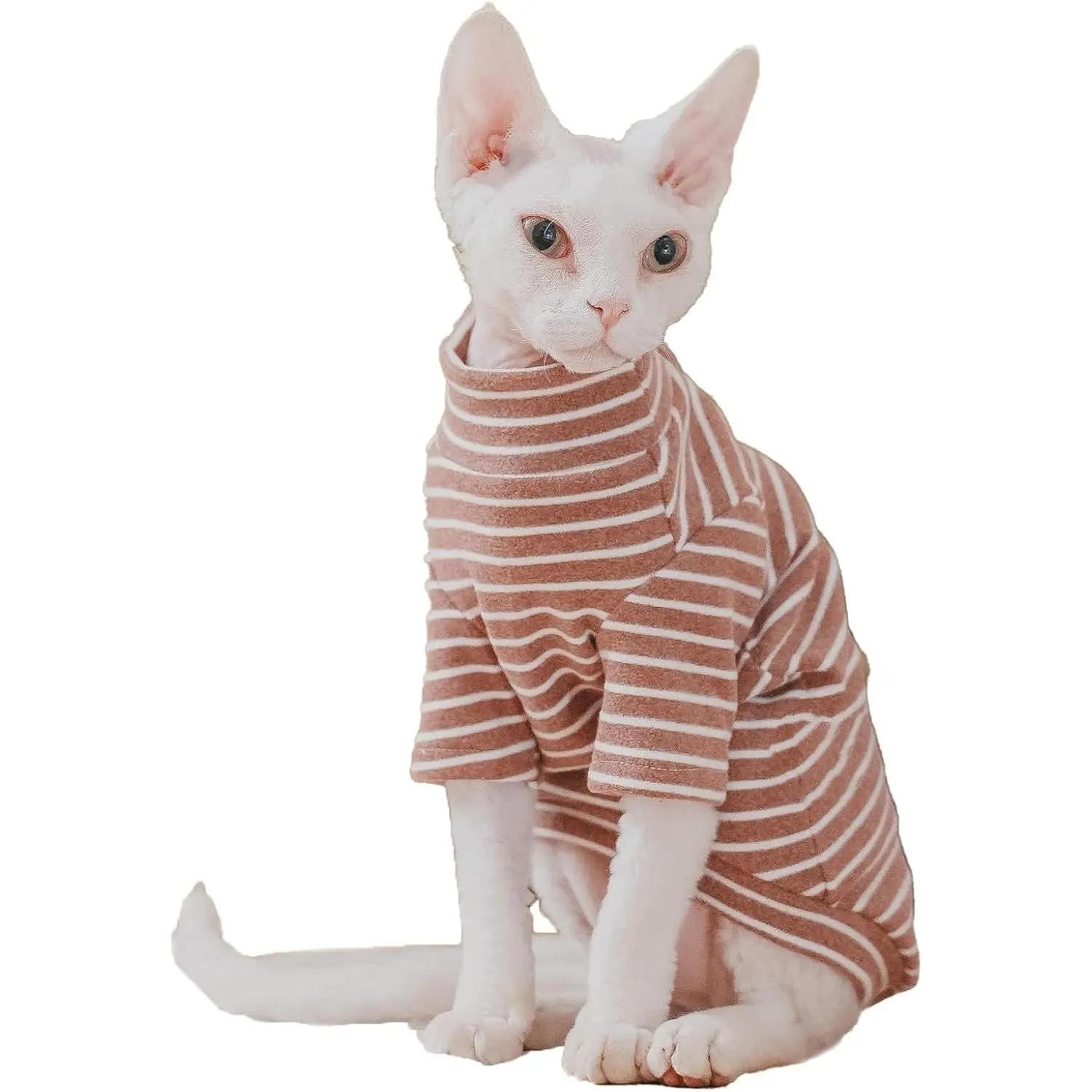 Warm Fleece Shirt Cat Turtleneck Undershirt Thermal Hairless Cat Clothes for Devon Cornish Small Kitten and Dogs Coffee Bold Stripe X-Large