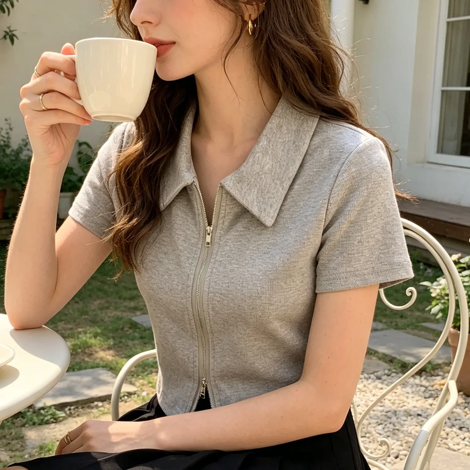 Women's American Retro Cropped Polo Shirt - Adjustable Double Zipper, Petite-Friendly Slim Fit, Collared, Elegant, Neat Shoulder Line, Short Sleeve, Casual Summer Top, Shirts, Cropped Tee