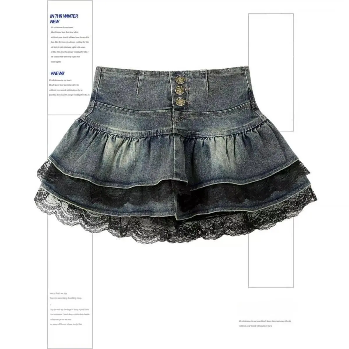 Summer Sweet Lace Patchwork Cake Jeans Skirt Women Y2k High-waisted Slim Denim Mini Skirt Female Korean Pleated Clothing