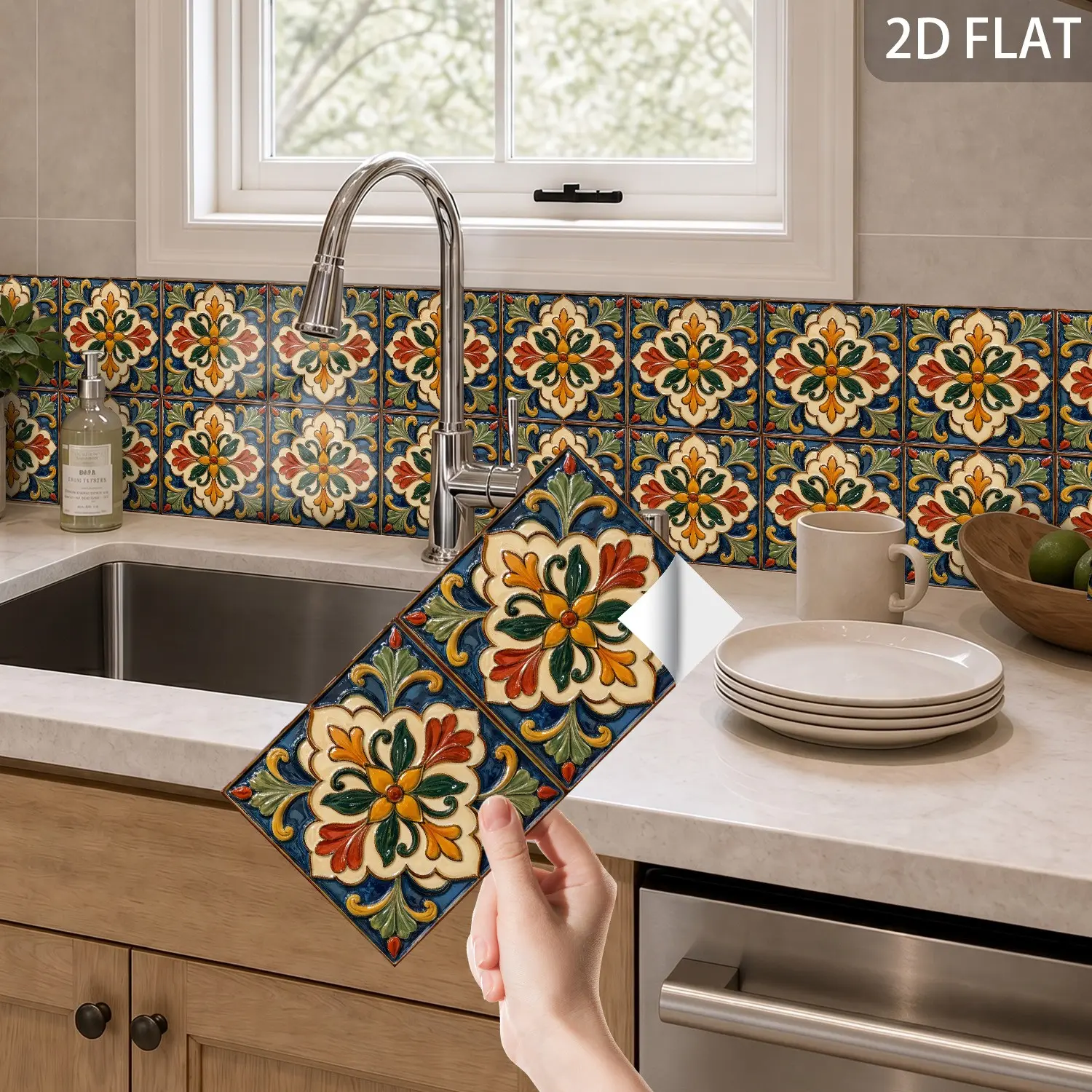 Spanish Talavera Tile Wall Stickers, Wall Decal, Peel and Stick Waterproof Kitchen Backsplash Decor, Glazed Waistline Tile Sticker, Flat Sticker Type