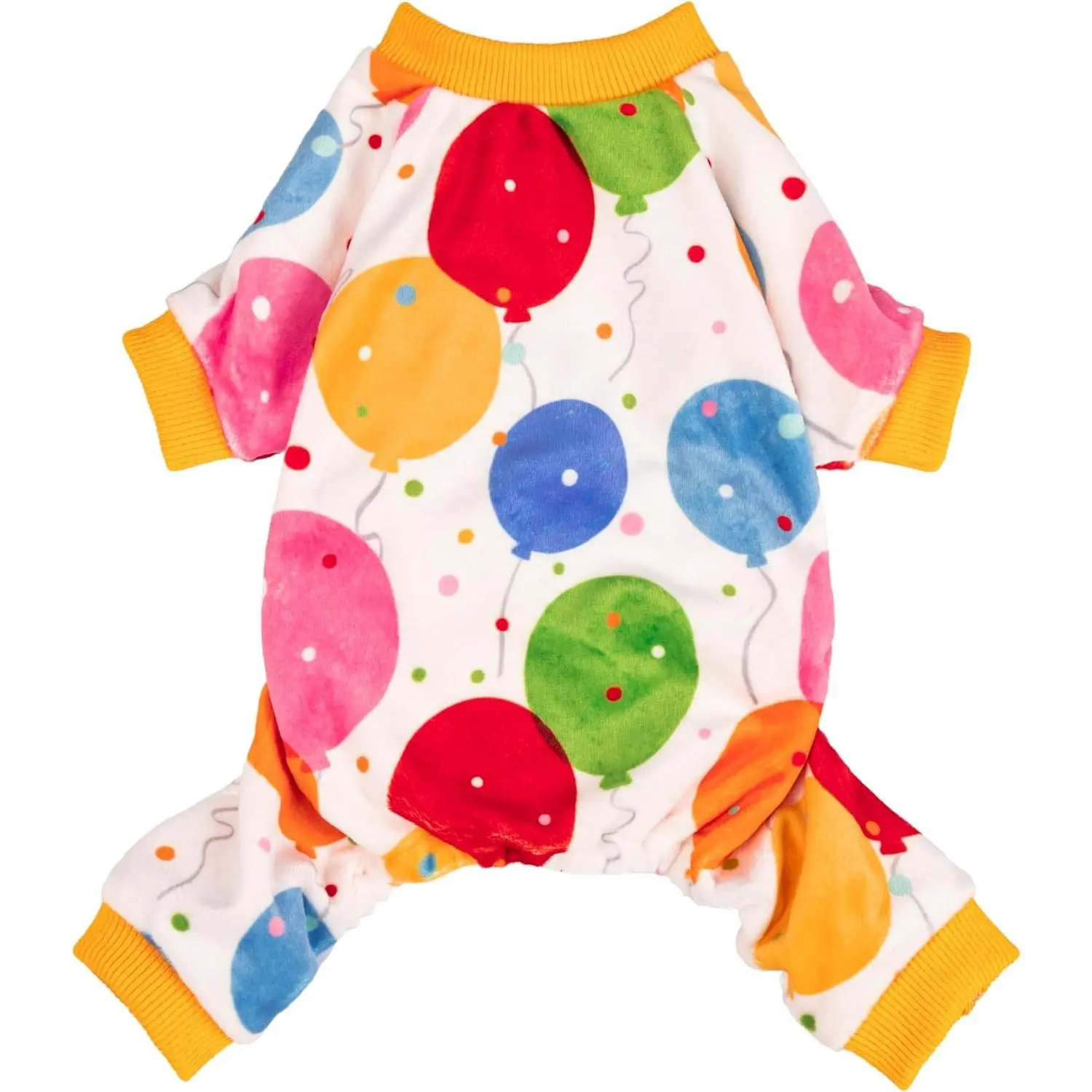 Balloon Dog Fleece Pajamas, Birthday Outfit for Small Dogs Boy Girl, Cozy Pet Onesie with Feet, White, Yellow, Red, Blue, Green, XS