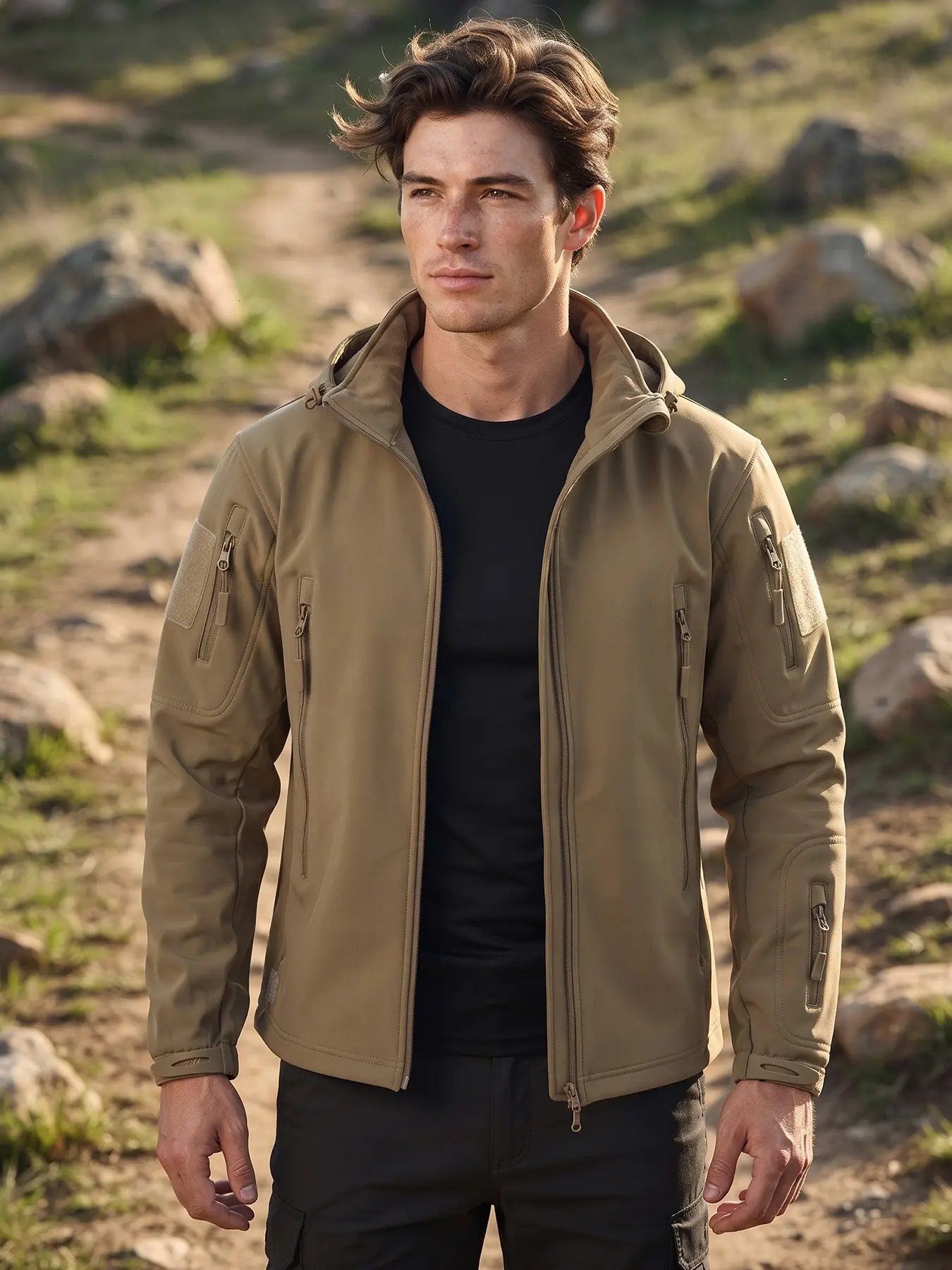 Men's Tactical Soft Shell Jacket, Multi-Pocket Waterproof Windproof Hooded Outdoor Flight Jacket, Men's Fashion Outerwear