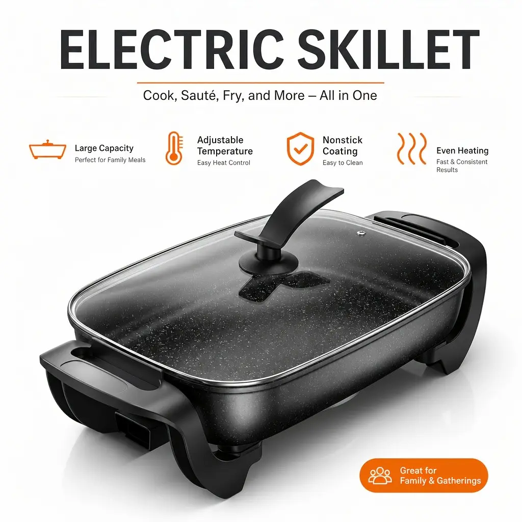 16" X 12" Electric Skillet With Glass Lid, Large Capacity Multi-Function Hot Pot, Nonstick Electric Cooker For Steak, Bacon, Burgers, Noodles, Soup, Stir Fry & Family Meals, Fast Heating For Home, Apartment & Party Cooking
