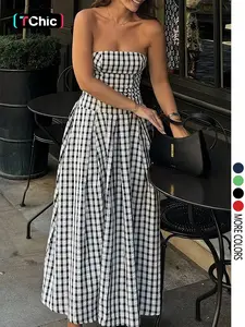Women's Plaid Pleated Casual Tube Dress
