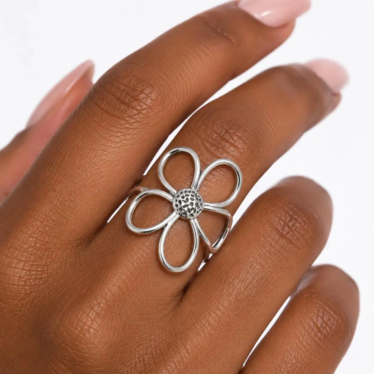 Viral Hollow Flower Open Ring | Aesthetic 5-Petal Floral Band with Hammered Center | Waterproof Statement Jewelry for Women | Trendy Adjustable Accessory for Stacking & Daily Casual Wear