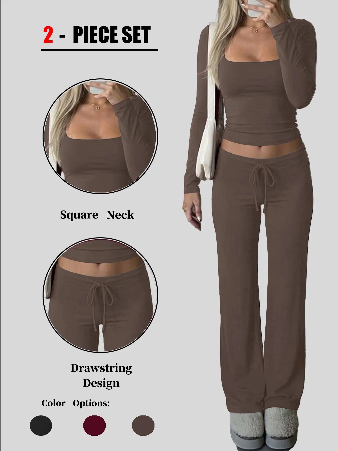 Minimalist American-Style Two-Piece Set, Slim-Fit Long-Sleeved Top, Floor-Length Flared Trousers, Elastic Waist, Work & Loungewear