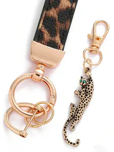 Y2K Leopard Print Leather Keychain Set, Rose Gold Anti-Loss Key Ring with 3D Leopard Pendant, Stylish Bag Charm, Party Style