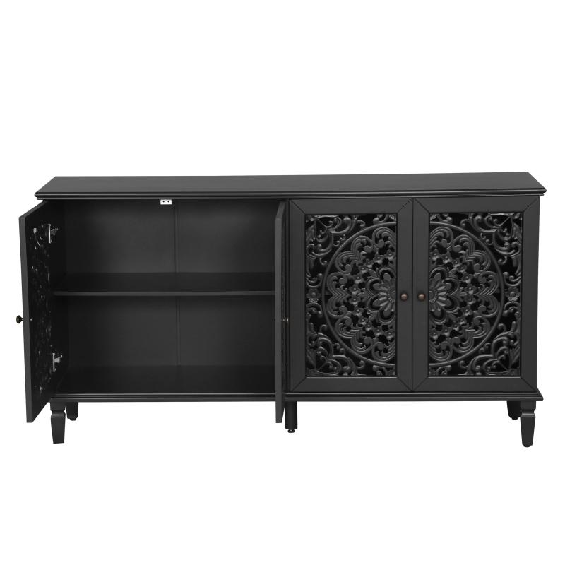 60" Antique Buffet Cabinet with Floral Carvings with Solid Wood Legs&Antique Brass Handles&Adjustable Shelves, TV Stand for 65''+ TV, Sideboard for Living Room,Dining Room (Black)
