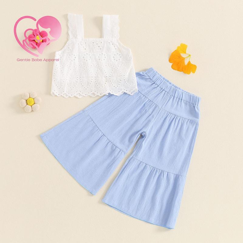 (65% Cotton) GBA Baby Baby Girls Summer Outfit Solid Color Sleeveless Lace Tank Tops and Elastic Casual Wide Leg Pants Set