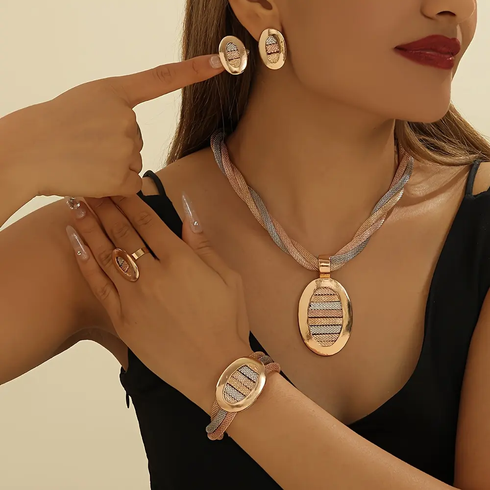 Vintage Bohemian 14K Gold-Plated Zinc Alloy Synthetic October Birthstone 5-Piece Jewelry Set - Sports Theme, Includes Earrings, Necklace, Bracelet, Ring, Suitable for Daily & Party Occasions