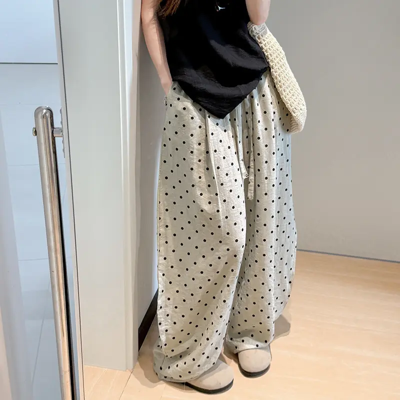 Women's Polka Dot Linen Pants - Summer Thin High-Waisted Loose Wide-Leg, Old Money Style, Machine Wash Option for Petite Korean-Inspired Figures, Linen Pants Women, Machine Wash Pants