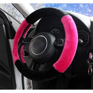 Fluffy Winter Car Steering Wheel Cover Women Soft Warm Plush Fuzzy Cute Auto Accessories Vehicle (Black Pink, Large Size[15.2-16"])