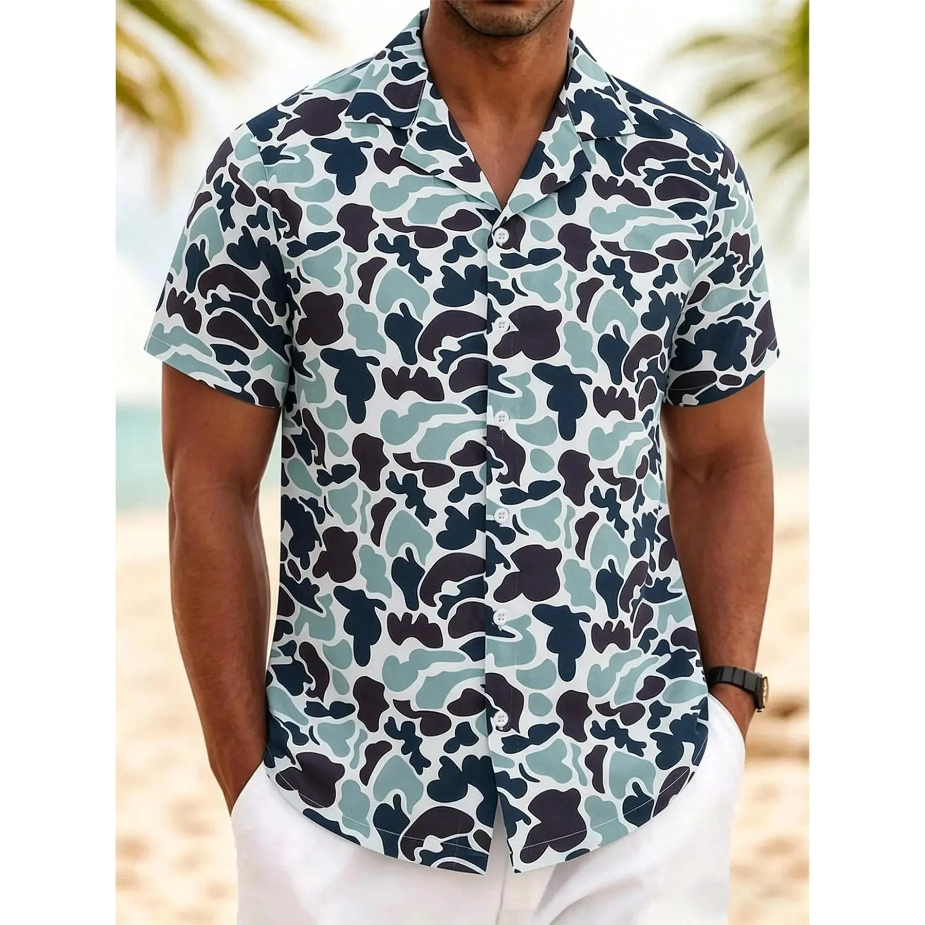 Men's Camo Pattern Cuban Collar Short Sleeve Shirt, Camouflage Casual Streetwear Hawaiian Tropical Beach Top For Daily Wear & Summer Holiday Looks