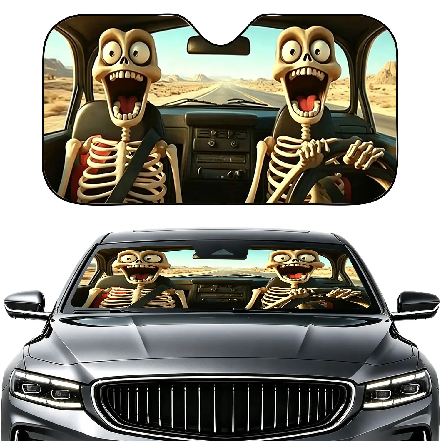 Car Sun Shade Windshield, Smiling Skull Design, Aluminum Foil Material, Blocks UV Rays, Universal Fit for Cars, Trucks, Suvs