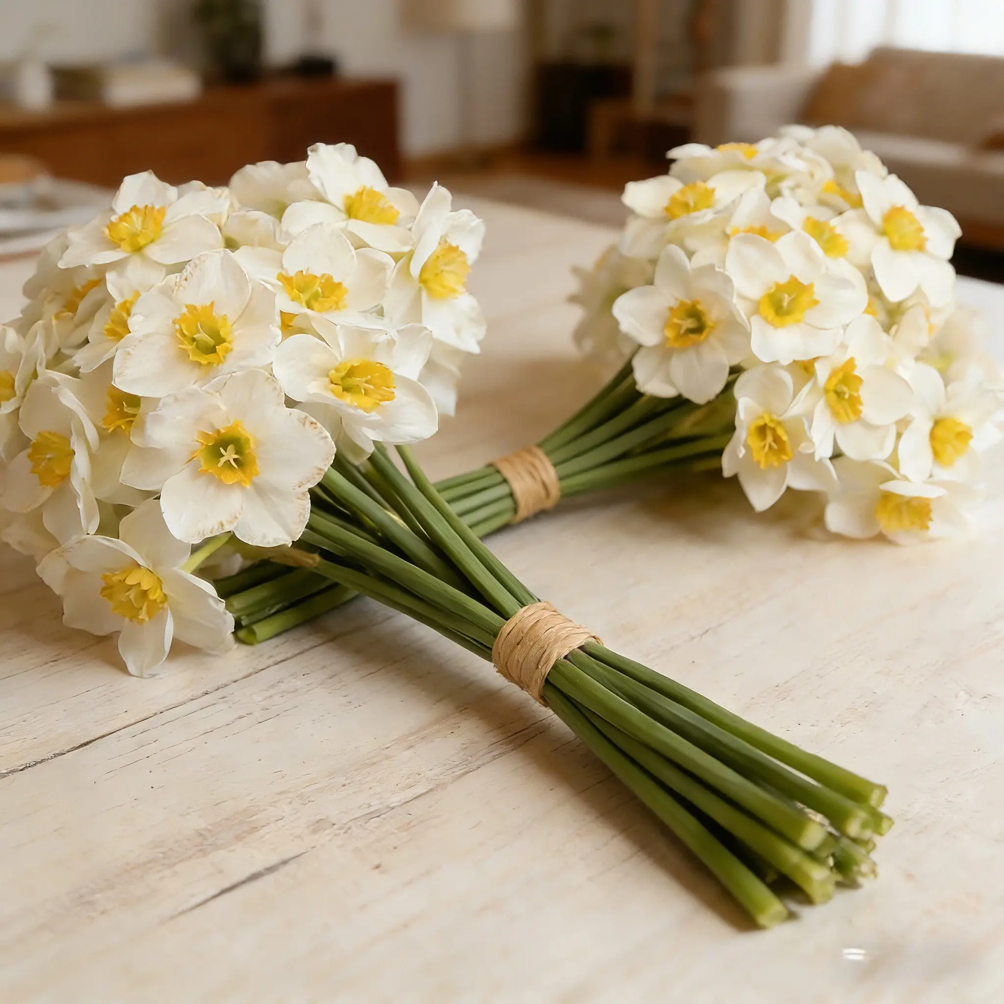 Large bouquet of artificial daffodils; each set includes 30 artificial flowers with lifelike yellow stamens. Ideal for home decor, living room arrangements, office floral arrangements, wedding table decorations, gardens, and holiday decorations.