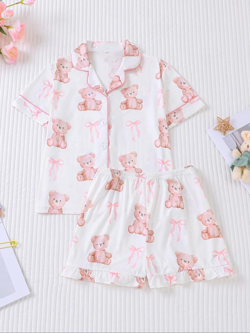 Girl's Bow Print Top & Shorts Pyjama Sets, Cute Casual Comfy Short Sleeve Top & Shorts Set, Kids Sleepwear for Summer, Pajama Set