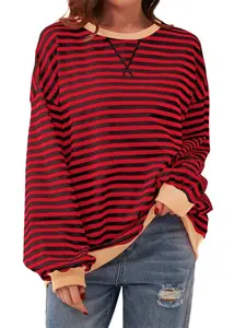 Women's Long Sleeve Casual Aesthetic Top, Round Neck Pullover, Loose Fit, Printed Patchwork Striped T-Shirt, Spring & Fall Fashion