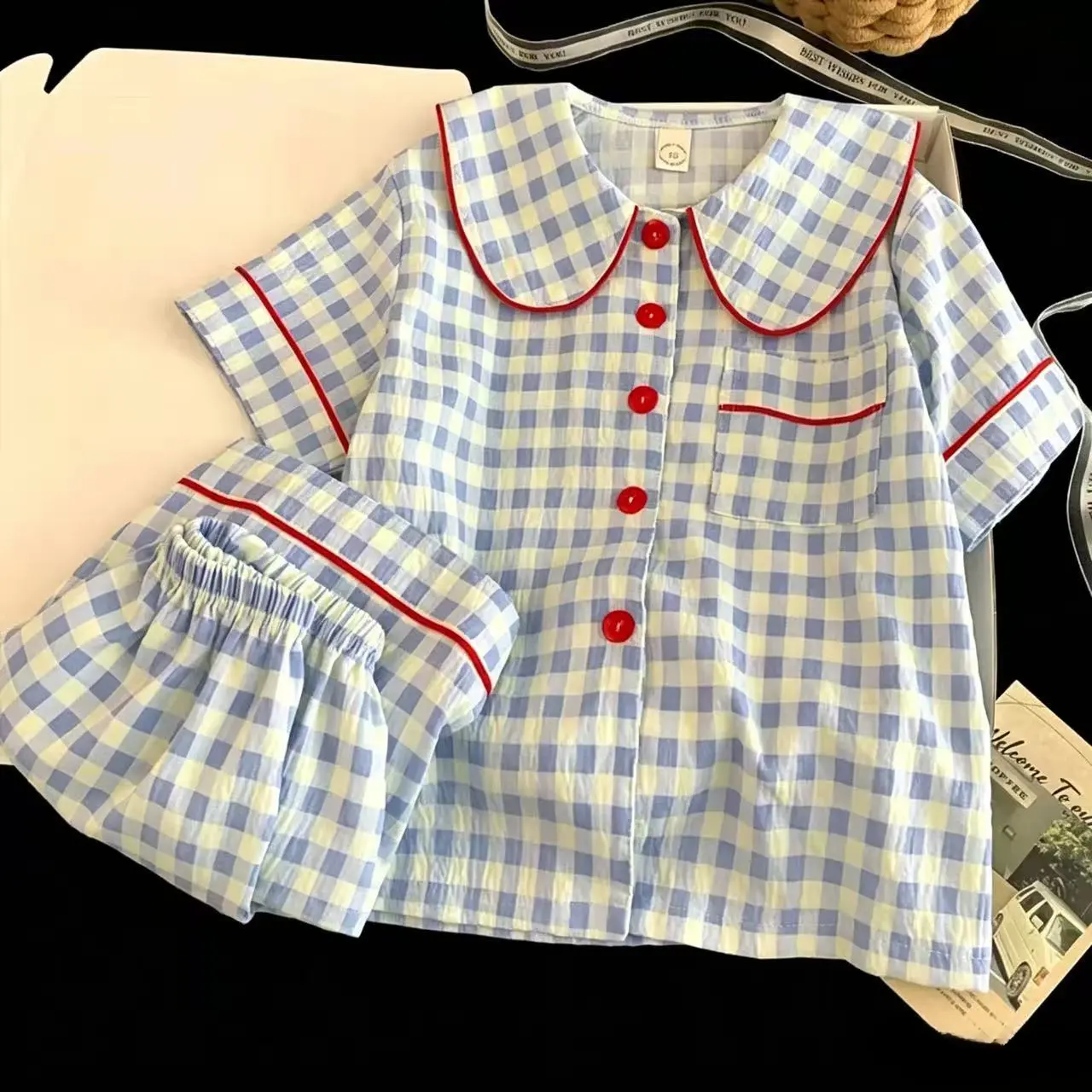 Pink Vertical Stripes Bow Summer New Girls' Medium And Large Pajamas Sweet Bow Print Collar Cardigan Short Sleeves Short Pants Clothes 2 Sets