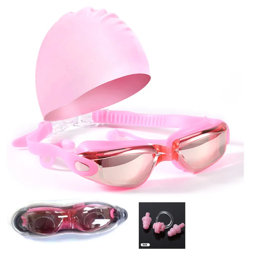 Adult 4-Piece Water Sports Swimming Kit - Electroplated Anti-Fog Lenses Goggles, Snug Fit Silicone Cap, Earplugs, Swimming Laps, Adults, Built-In Earplugs, Water Sports Enthusiasts